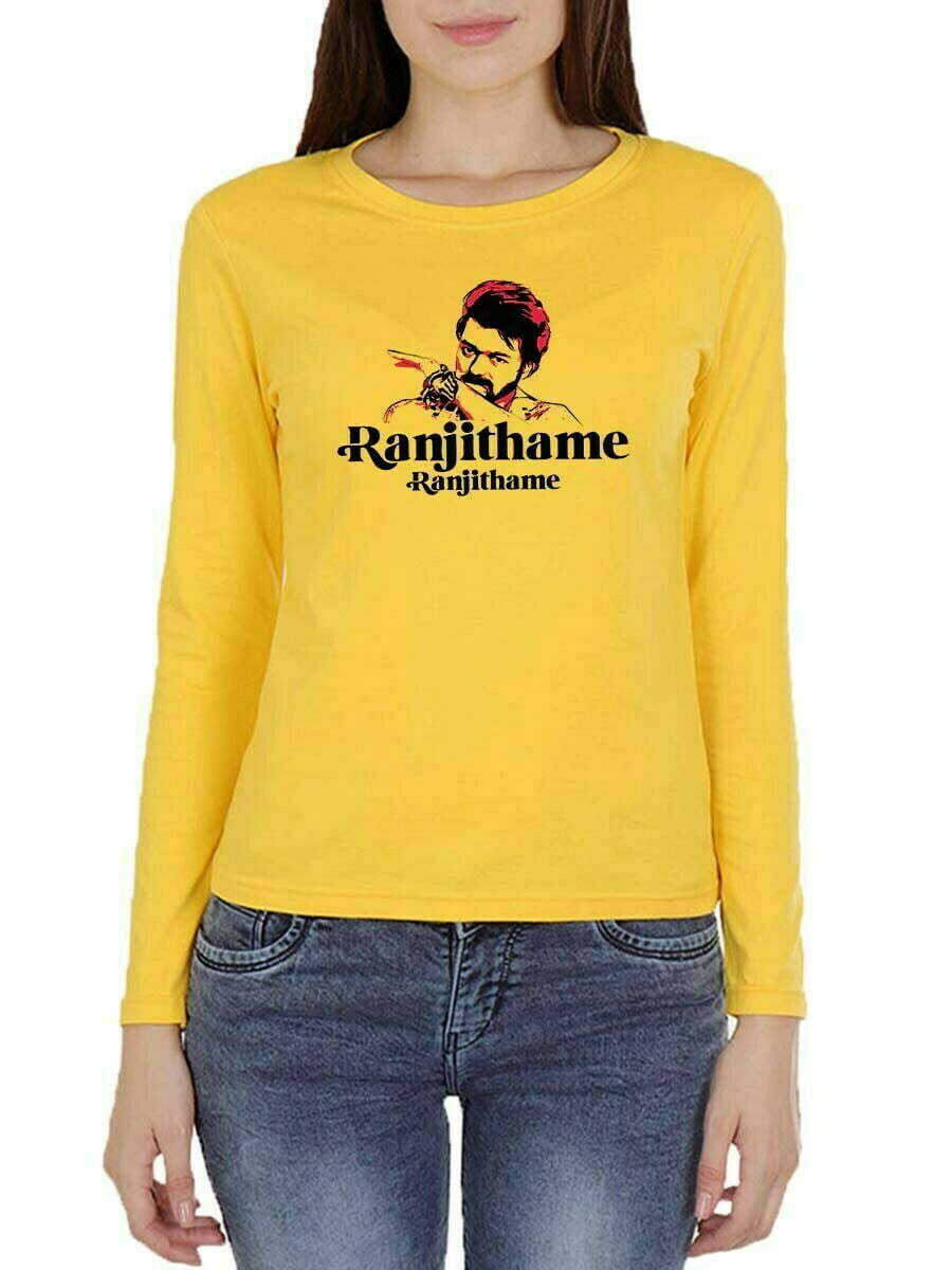 Ranjithame Women Full Sleeve Yellow Thalapathy Vijay T-Shirt