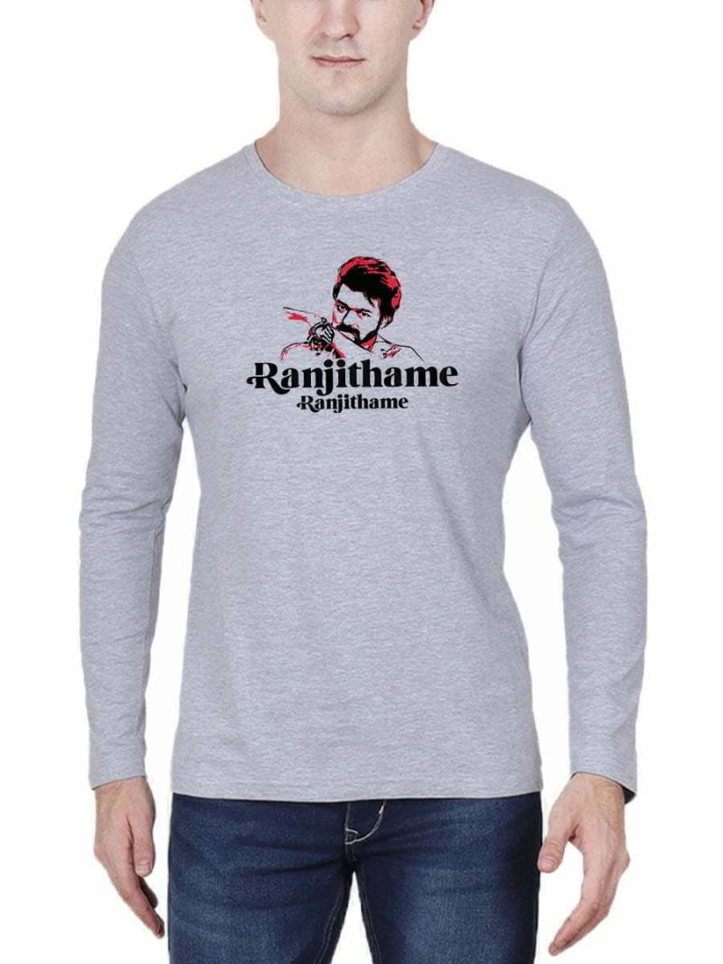 Ranjithame Men Full Sleeve Grey Melange Thalapathy Vijay T-Shirt