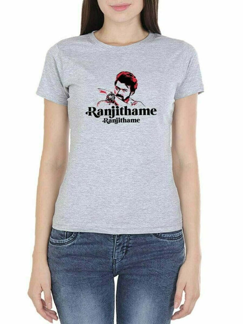 Ranjithame Women Half Sleeve Grey Melange Thalapathy Vijay T-Shirt