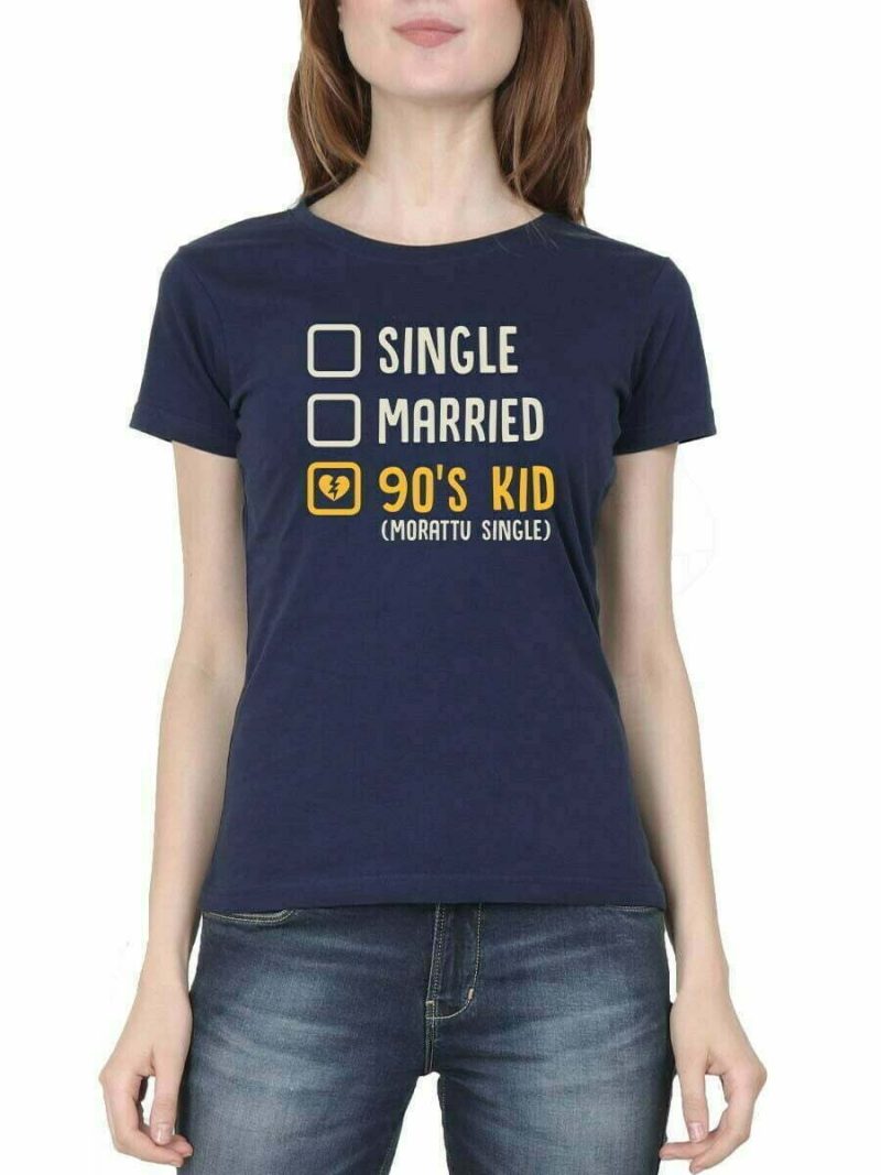 Single Married 90's Kid (Morattu Single) Women's Navy Blue Half Sleeve Tamil Round Neck T-Shirt