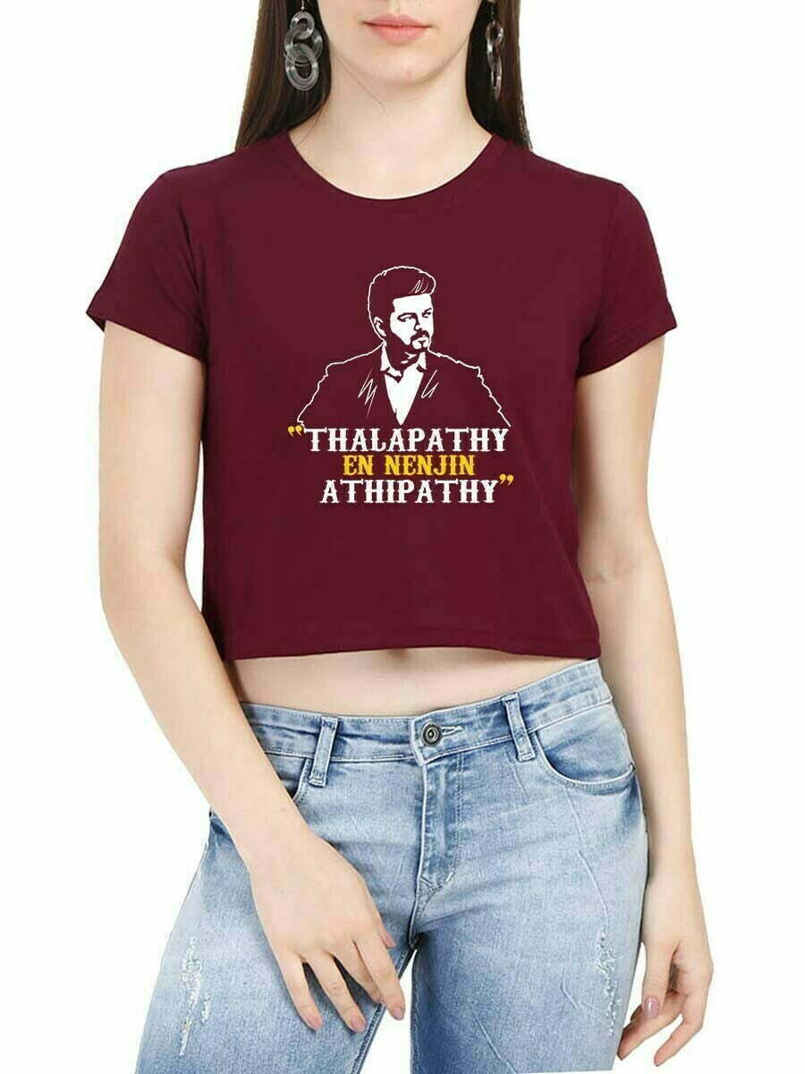Thee Thalapathy En Nenjin Athipathy Maroon Thalapathy Vijay T-Shirt Croptop