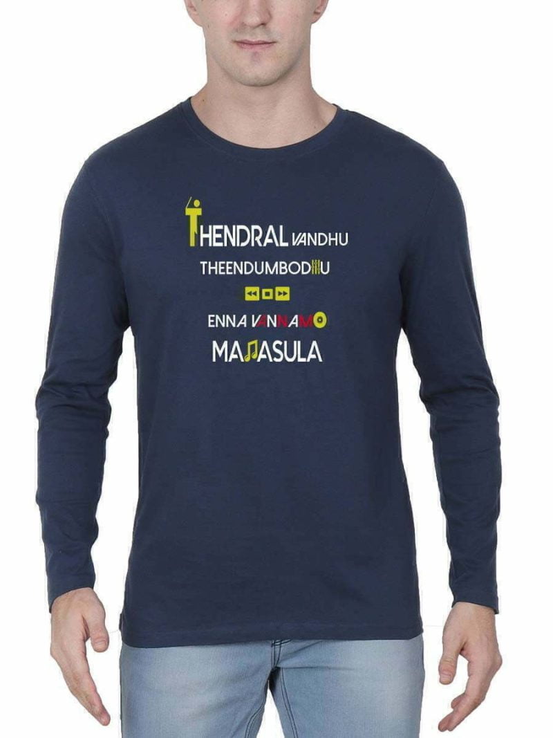 Thendral Vanthu Theendum Pothu Enna Vannamo Manasula Men's Navy Blue Full Sleeve Tamil Movie Song Round Neck T-Shirt