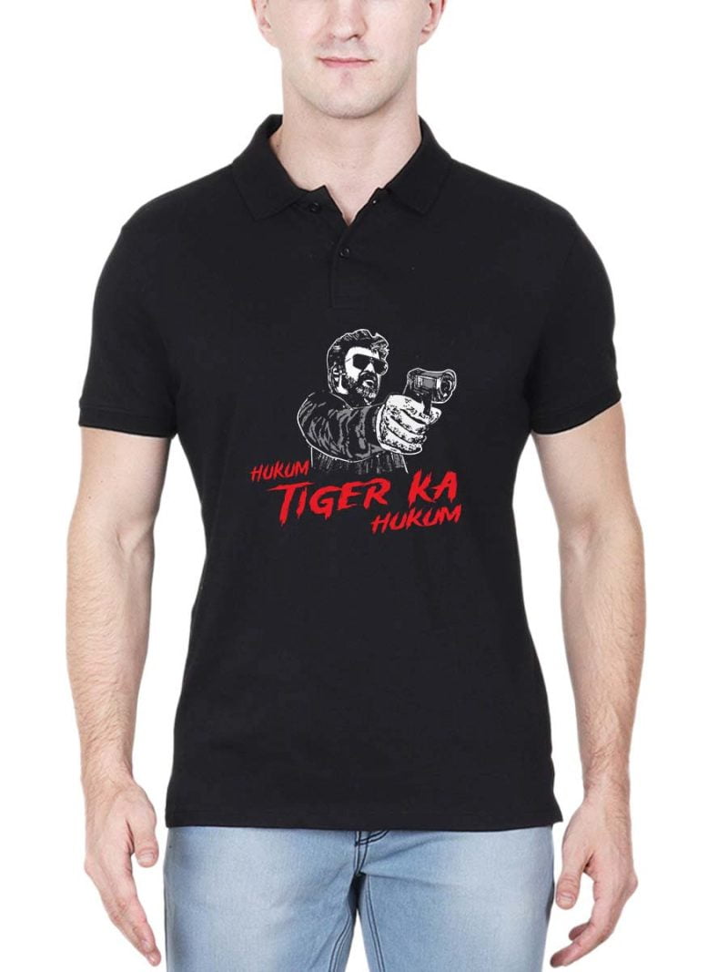 Hukum Tiger Ka Hukum Thalaivar Men Polo Collar Black Rajini T-Shirt
