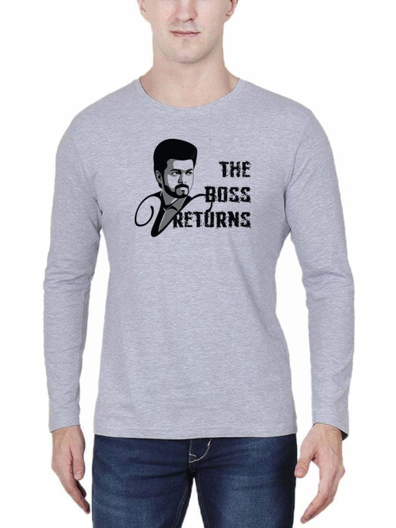 Varisu Vijay The Boss Returns Men Full Sleeve Grey Melange Thalapathy Vijay T-Shirt