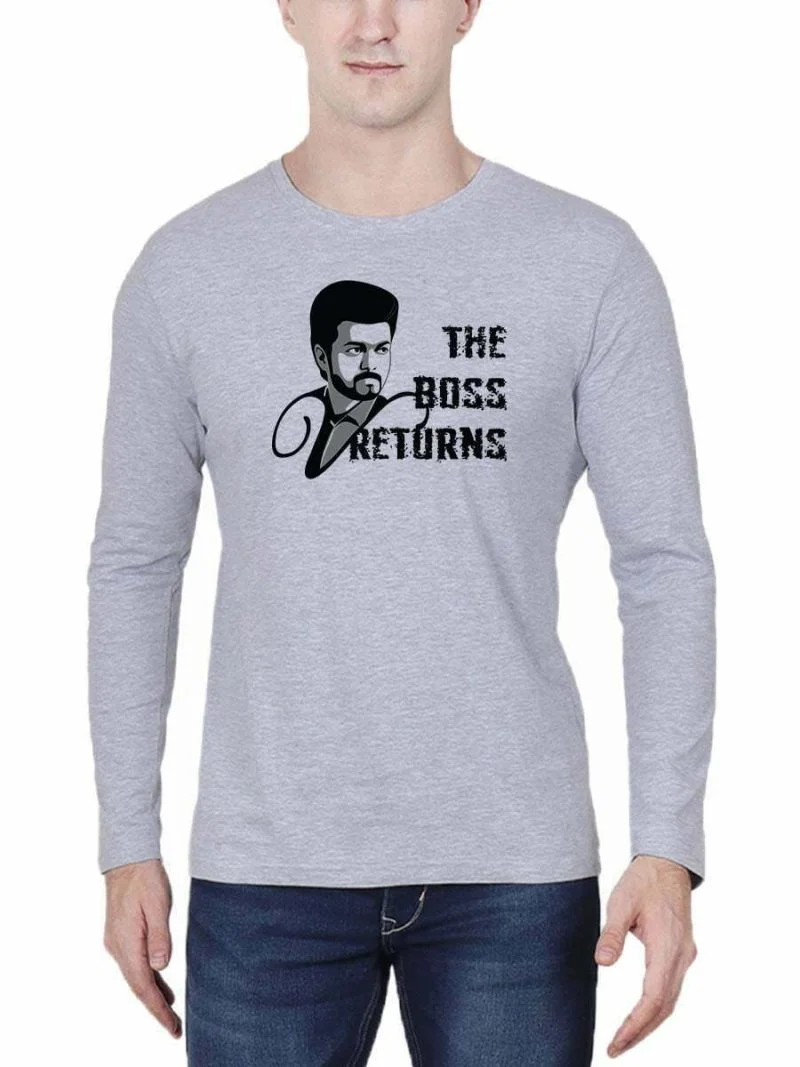 Varisu Vijay The Boss Returns Men Full Sleeve Grey Melange Thalapathy Vijay T-Shirt