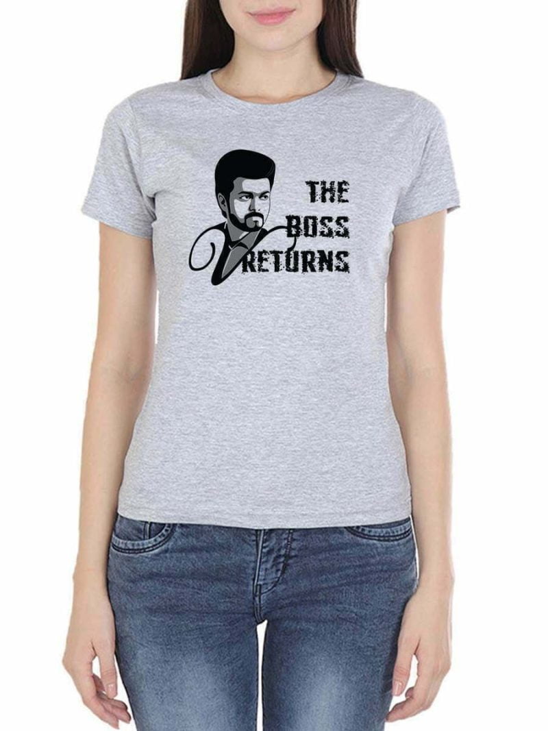 Varisu Vijay The Boss Returns Women Half Sleeve Grey Melange Thalapathy Vijay T-Shirt