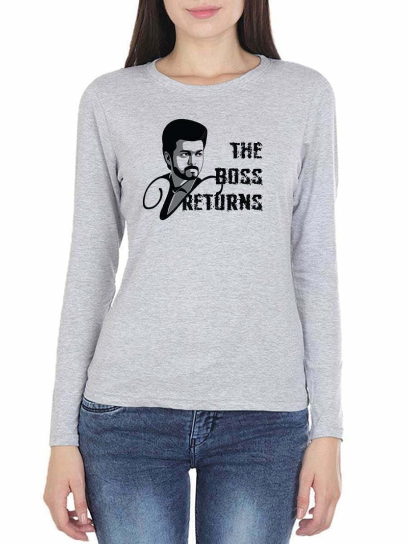 Varisu Vijay The Boss Returns Women Full Sleeve Grey Melange Thalapathy Vijay T-Shirt