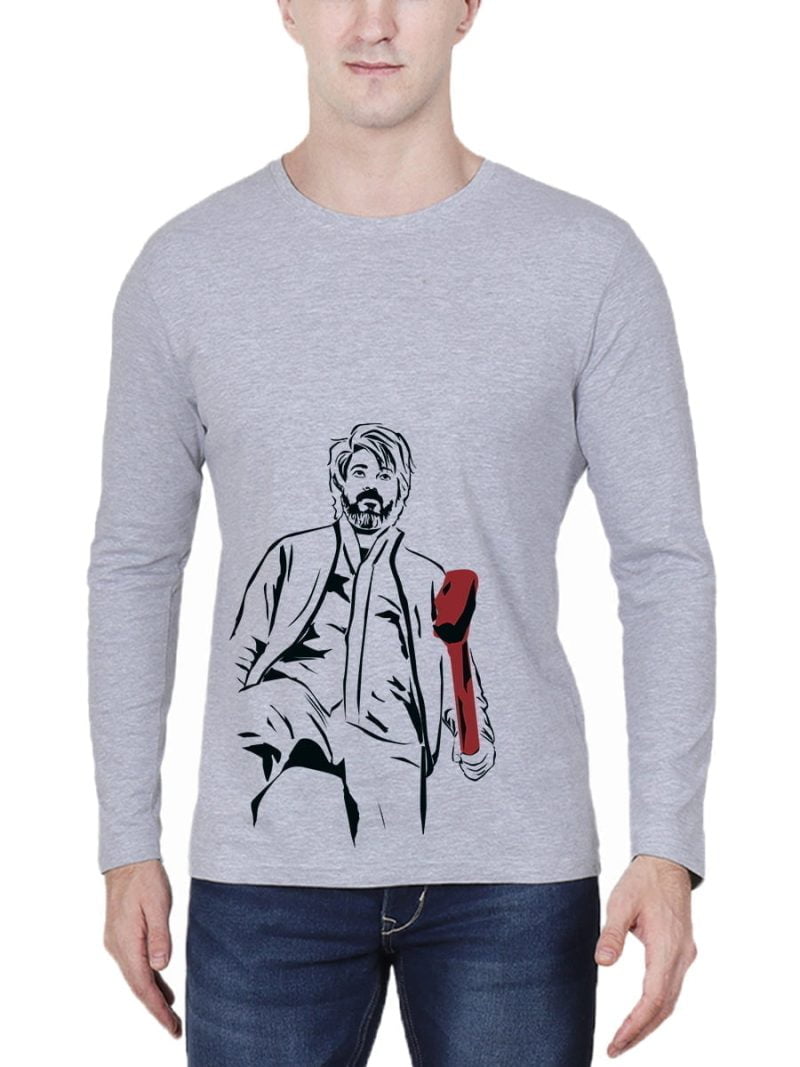 Vijay Still With Hammer Men Full Sleeve Grey Melange Thalapathy Vijay Tamil Movie T-Shirt