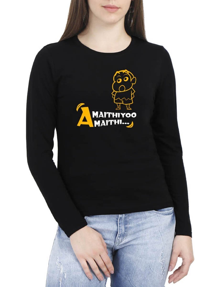 Amaithiyo Amaithi - Shinchan Women's Black Full Sleeve Tamil Round Neck T-Shirt