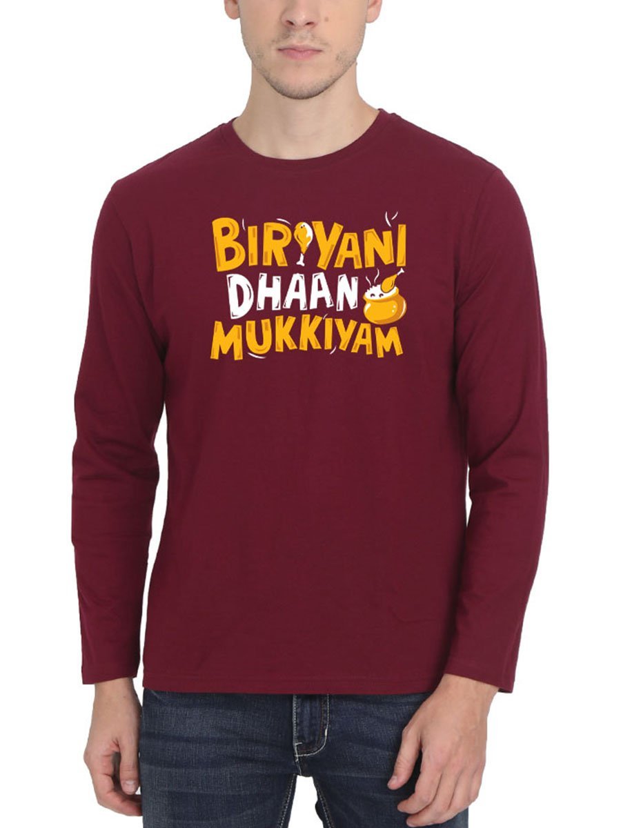 Biryani Dhaan Mukkiyam Men's Maroon Full Sleeve Tamil Round Neck T-Shirt