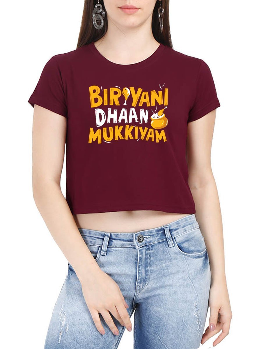 Biryani Dhaan Mukkiyam Women's Maroon Half Sleeve Tamil Crop Top