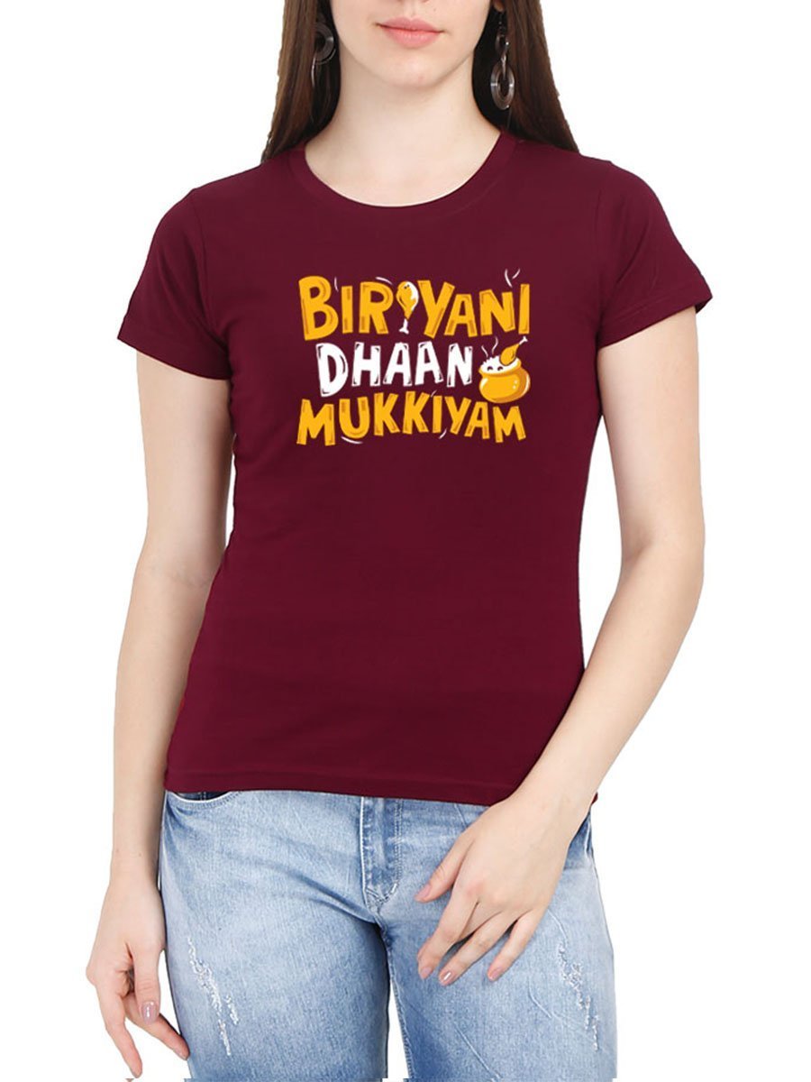 Biryani Dhaan Mukkiyam Women's Maroon Half Sleeve Tamil Round Neck T-Shirt