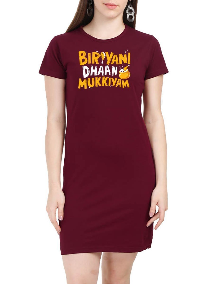 Biryani Dhaan Mukkiyam Women's Maroon Half Sleeve Tamil T-Shirt Dress