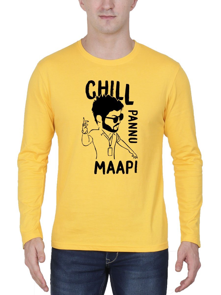 Chill Pannu Maapi Thalapathy Vijay Master Men's Yellow Full Sleeve Tamil Movie Song Round Neck T-Shirt