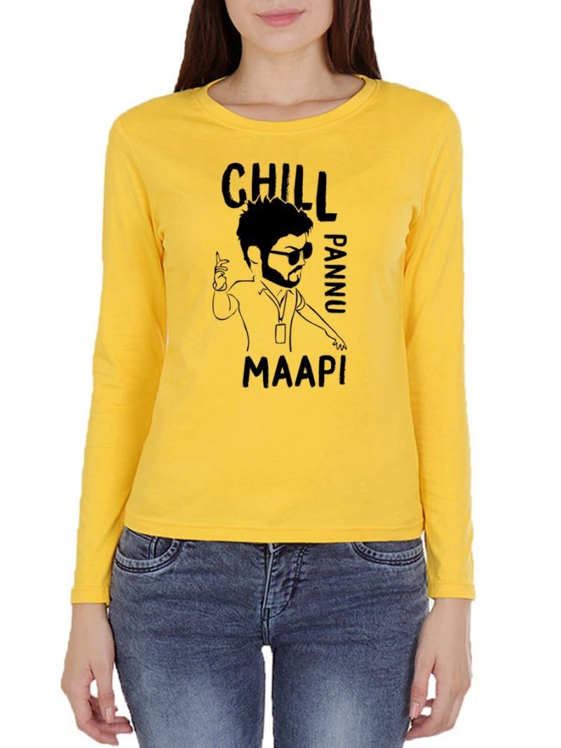 Chill Pannu Maapi Thalapathy Vijay Master Women's Yellow Full Sleeve Tamil Movie Song Round Neck T-Shirt