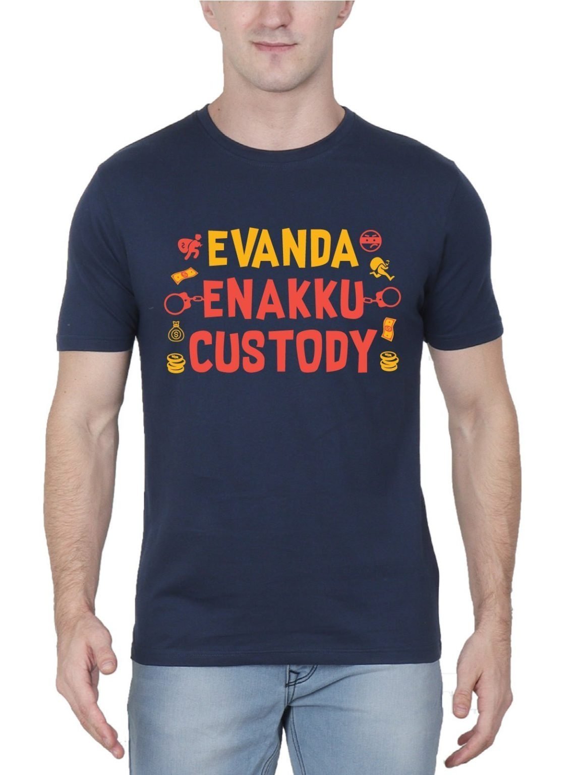 Evanda Enaku Custody - Mahaan Men's Navy Blue Half Sleeve Round Neck T-shirt