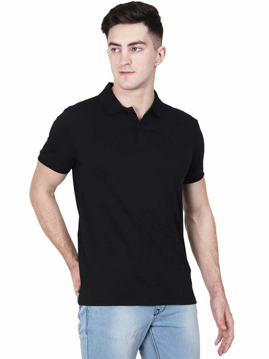 Men's Black Half Sleeve Polo Collar Plain T-Shirt