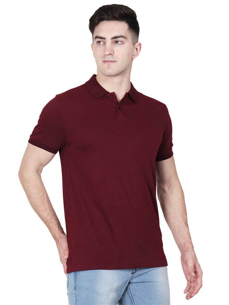 Men's Maroon Half Sleeve Polo Collar Plain T-Shirt