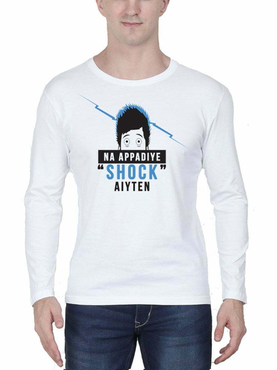 Naa Apdiye Shock Aiten Men's White Full Sleeve Tamil Movie Round Neck T-Shirt