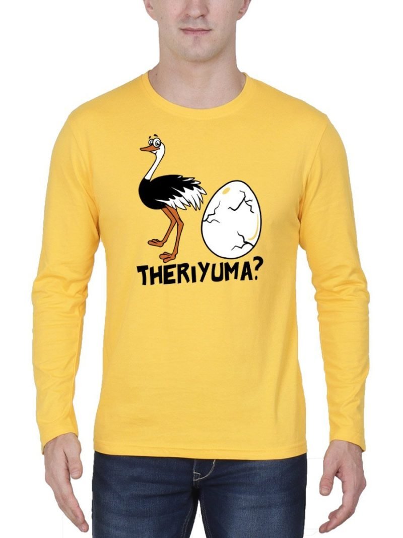Ostrich Mutta Theriyuma Men's Yellow Full Sleeve Tamil Movie Round Neck T-Shirt