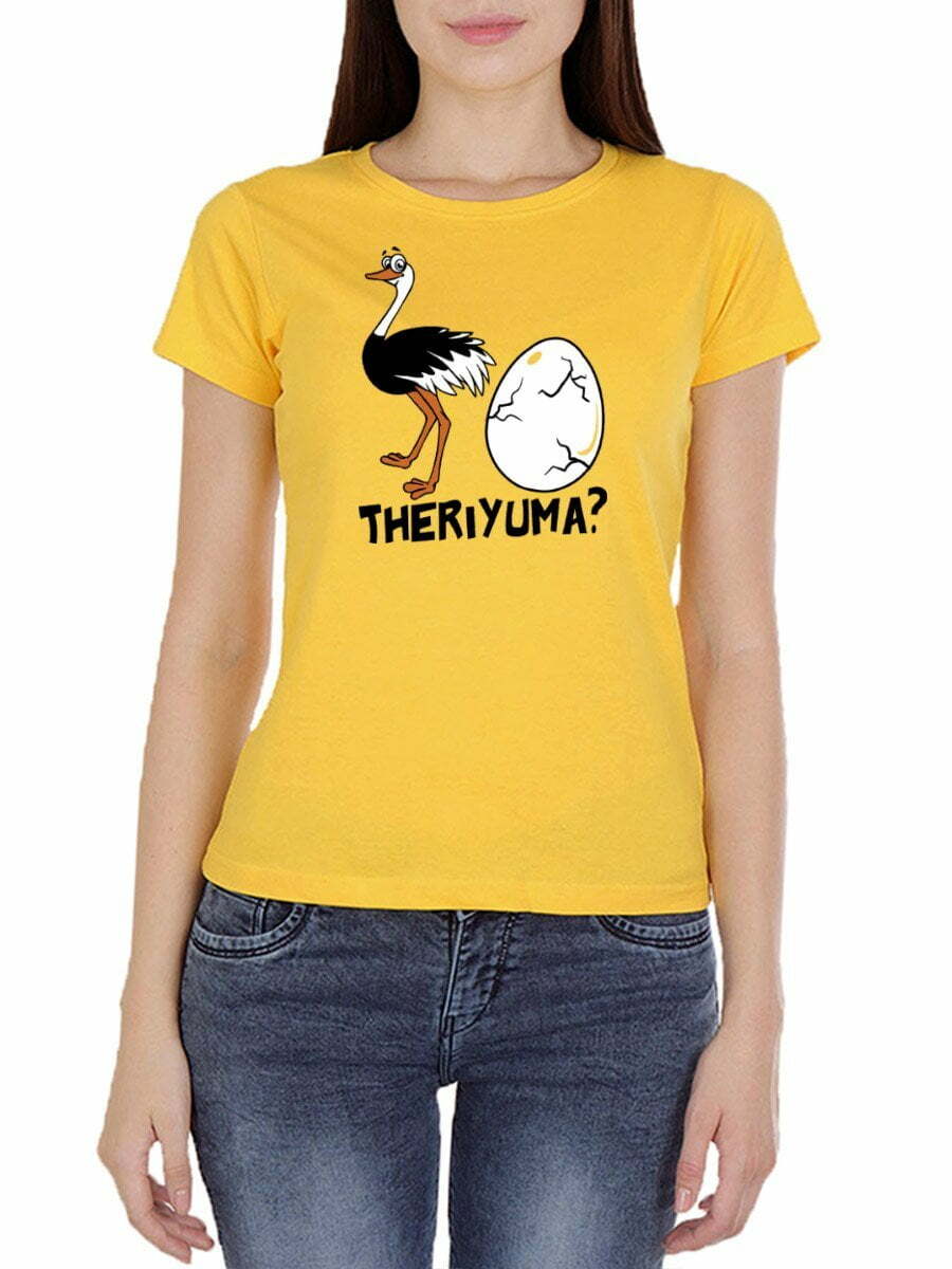 Ostrich Mutta Theriyuma Women's Yellow Half Sleeve Tamil Movie Round Neck T-Shirt