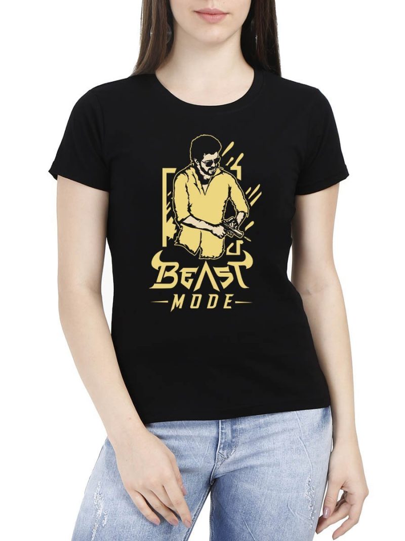 Beast Mode Tamil Movie Second Look Women Half Sleeve Black Thalapathy Vijay T-Shirt