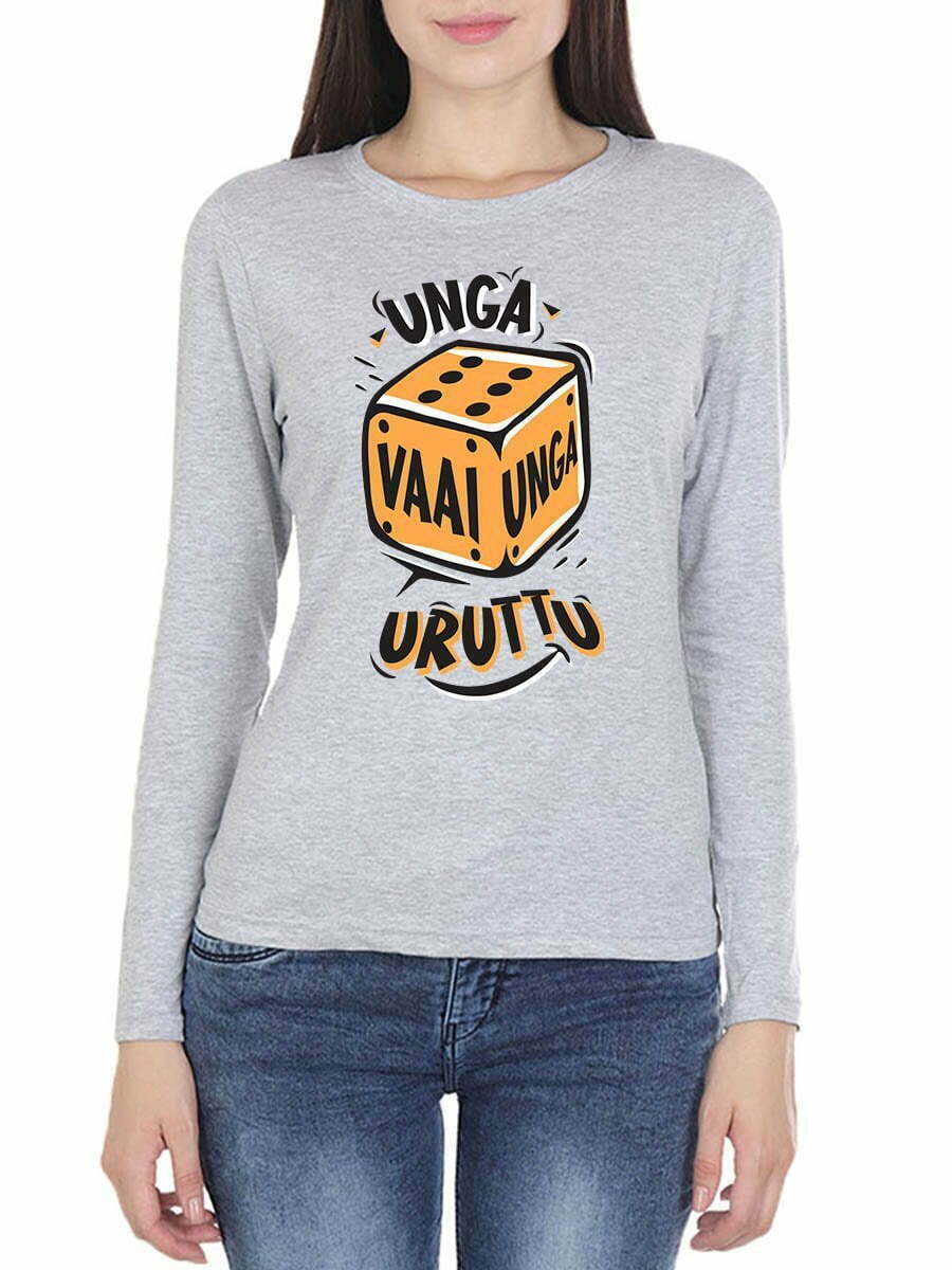 Unga Vaai Unga Uruttu Women's Grey Melange Full Sleeve Tamil Round Neck T-Shirt