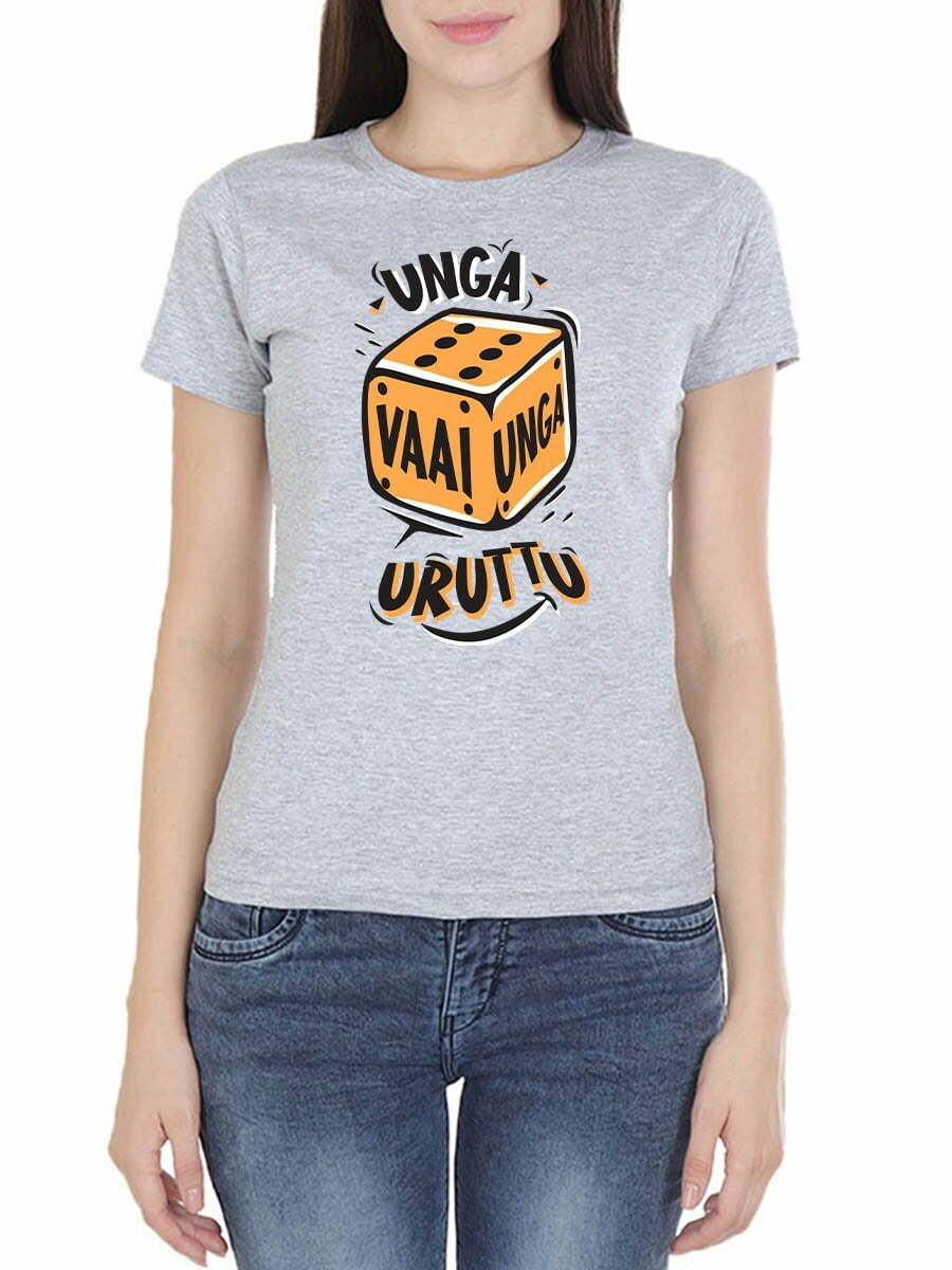 Unga Vaai Unga Uruttu Women's Grey Melange Half Sleeve Tamil Round Neck T-Shirt