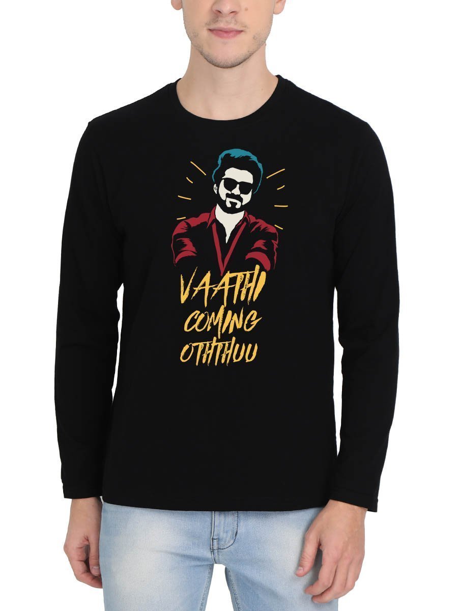 Vaathi Coming Oththuu Thalapathy Vijay Master Men's Black Full Sleeve Tamil Movie Song Round Neck T-Shirt