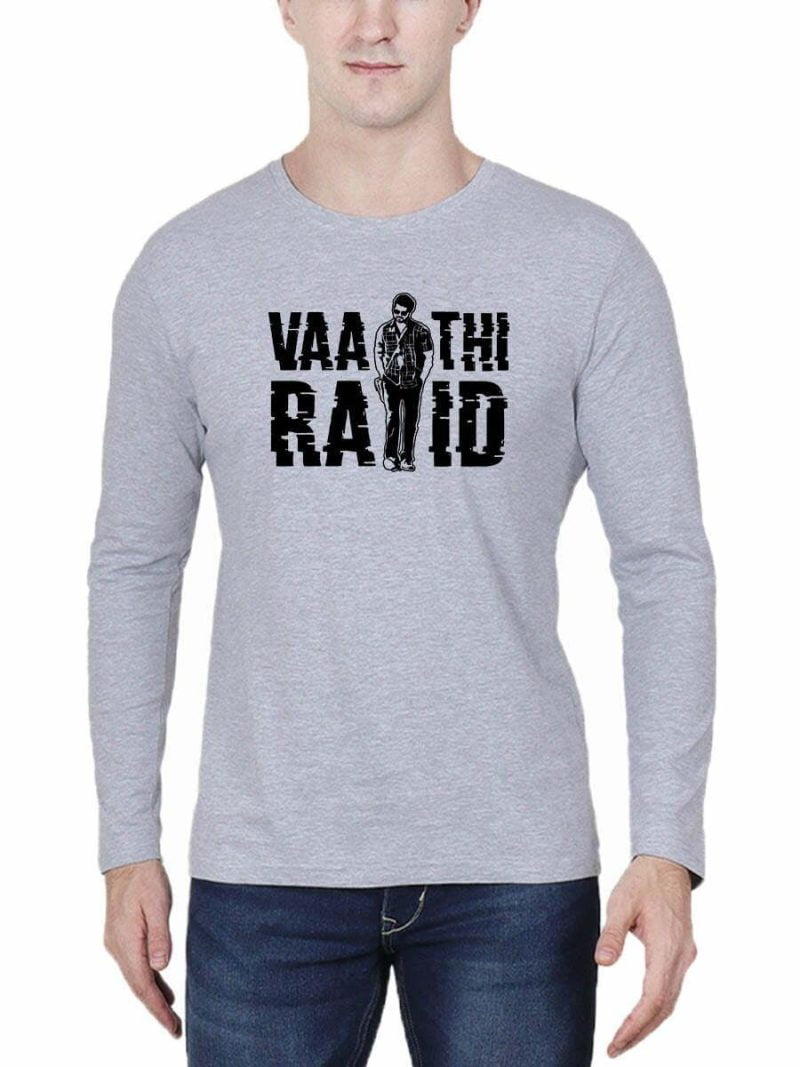 Vaathi Raid Men Full Sleeve Grey Melange Thalapathy Vijay T-Shirt