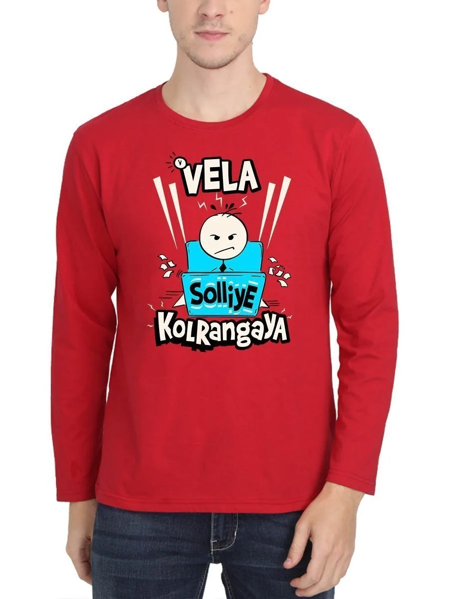 Vela Solliye Kolranga Men's Red Full Sleeve Tamil Movie Round Neck T-Shirt