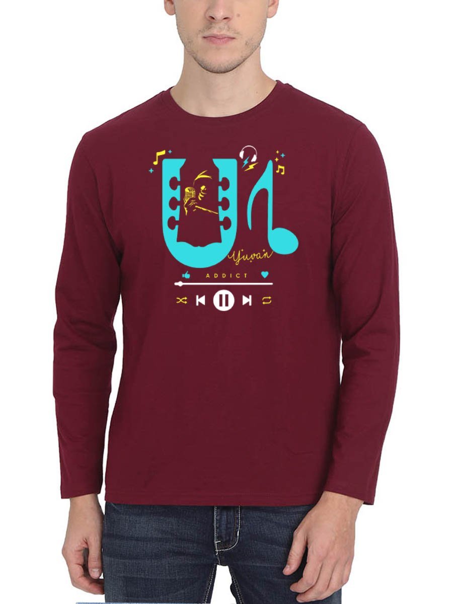Yuvan Addict - U1 Men's Maroon Full Sleeve Tamil Movie Song Round Neck T-Shirt