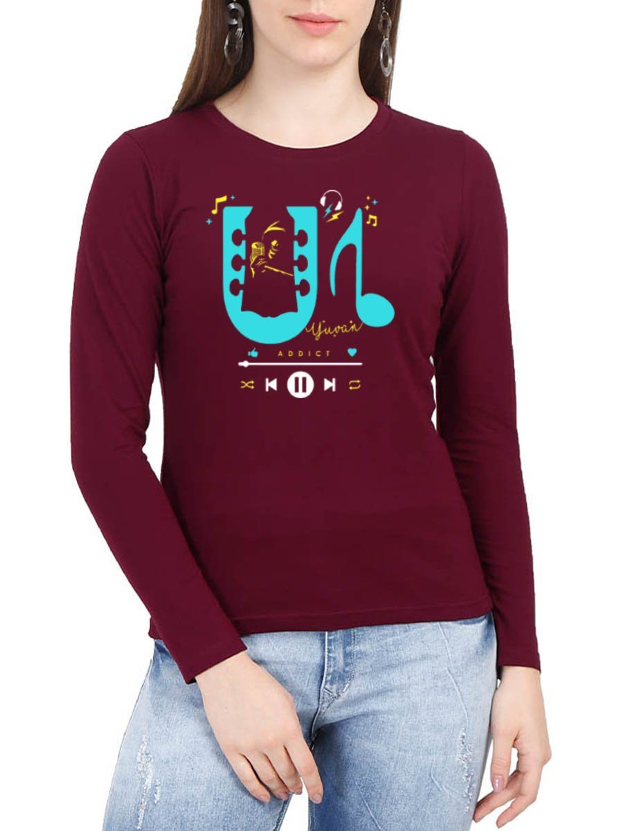 Yuvan Addict - U1 Women's Maroon Full Sleeve Tamil Movie Song Round Neck T-Shirt
