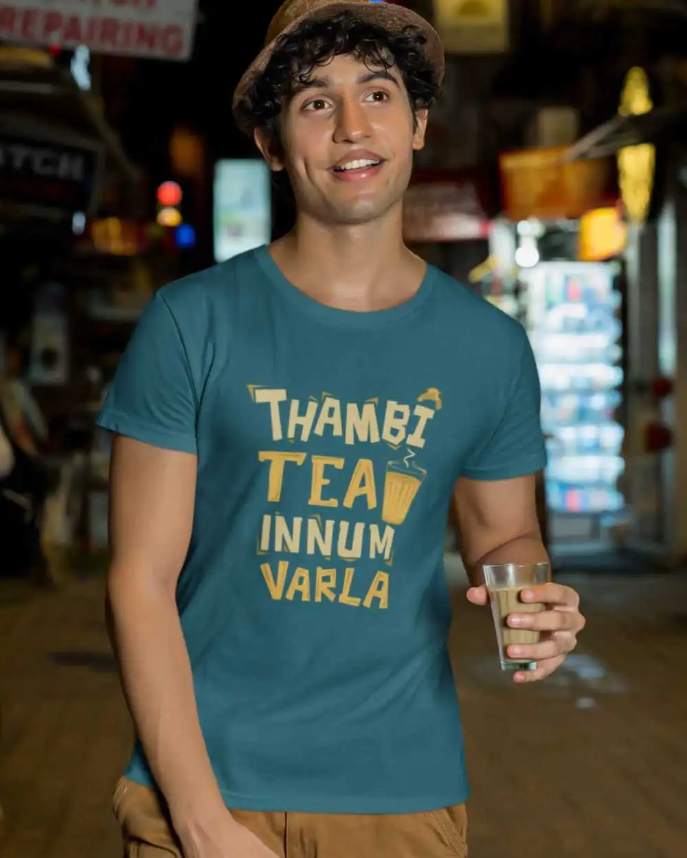 Men's Petrol Round Neck Thambi Tea Innum Varala T-Shirt