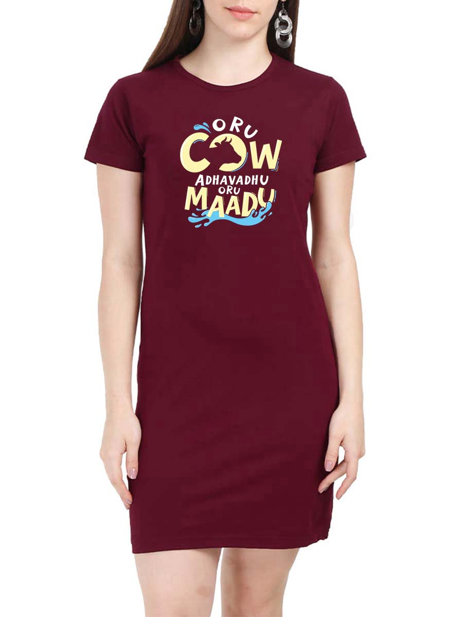 Oru Cow Meme Adhavadhu Oru Maadu Maroon T-Shirt Dress