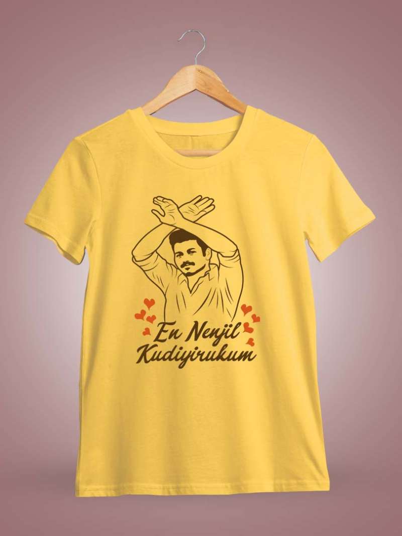En Nenjil Kudiyirukum Men Half Sleeve Yellow Thalapathy Vijay T-Shirt