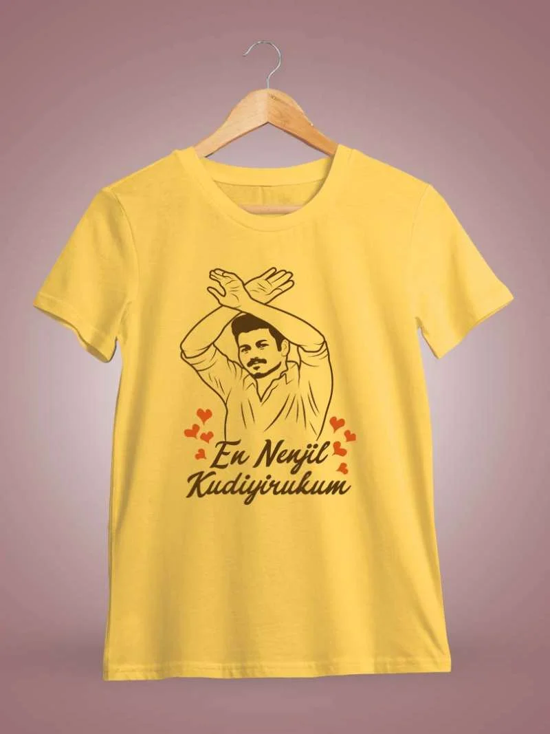 En Nenjil Kudiyirukum Men Half Sleeve Yellow Thalapathy Vijay T-Shirt