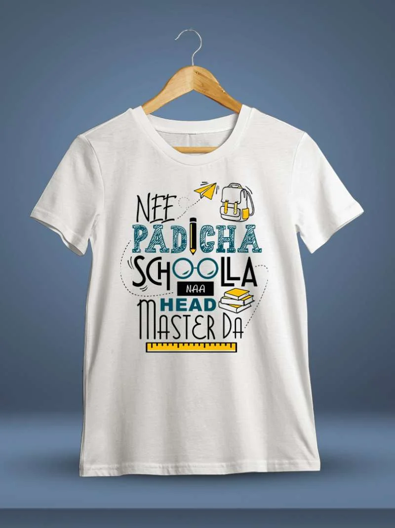 Nee Padicha School La Na Head Master Da Men Half Sleeve White Vijay T-Shirt