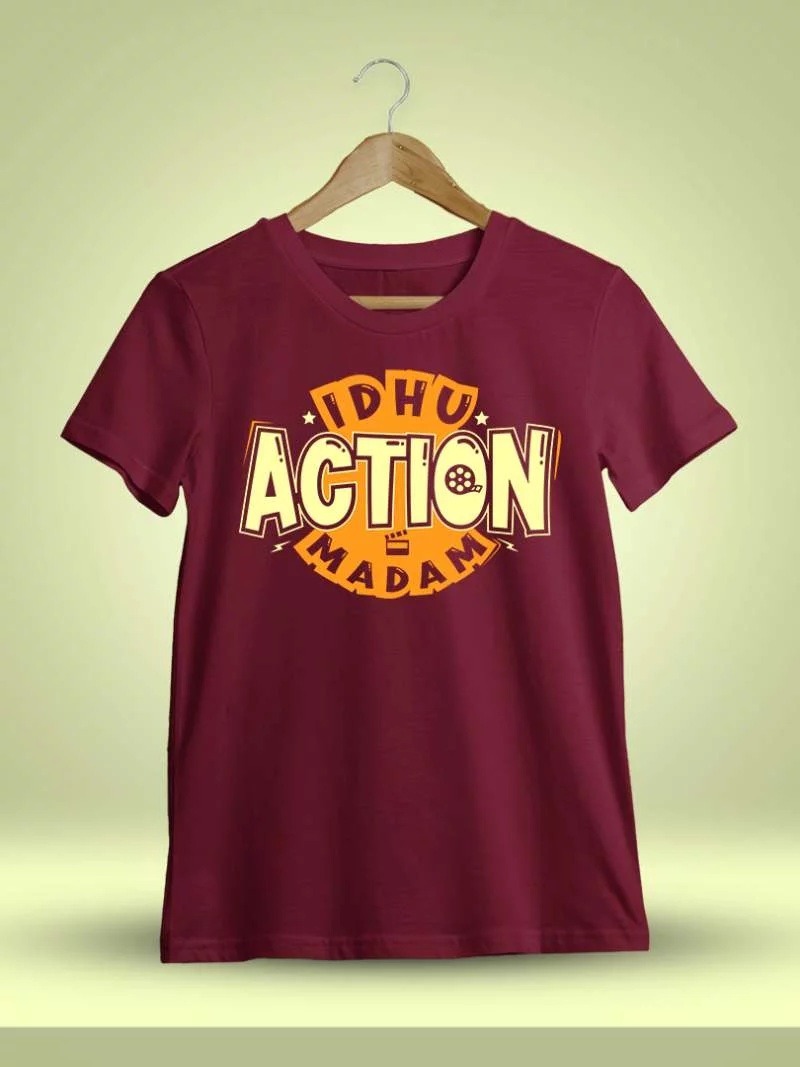 Idhu Action Madam Meme Men Half Sleeve Maroon Crazy Tamil T-Shirt